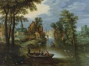 River landscape with religious theme Flight into Egypt